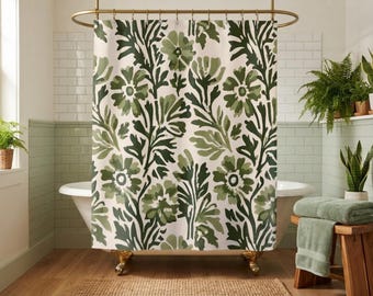 Sage Green Floral Shower Curtain, Earthy Minimalist Botanical Bath Decor, Japandi Spa Style Fabric Curtain, Modern Organic Restroom Accent