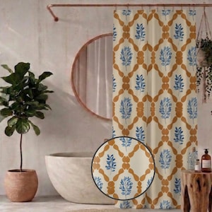 Mid Century Modern Shower Curtain, Mediterranean Tile Pattern Blue & Orange Floral Bathroom Decor, Minimalist Boho, Vintage Bathroom Decor