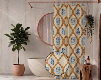 Mid Century Modern Shower Curtain, Mediterranean Tile Pattern Blue & Orange Floral Bathroom Decor, Minimalist Boho, Vintage Bathroom Decor