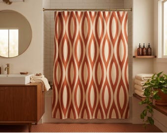 Mid Century Modern Shower Curtain, Terracotta & Cream Retro Geometric Bath Decor, Boho Minimalist Aesthetic Fabric Shower Curtain