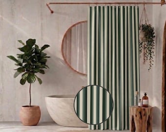 Earthy Minimalist Shower Curtain - Sage Green Vertical Stripe Bathroom Decor - Japandi Style Organic Modern Fabric Curtain - Zen Bath Decor