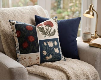 Moody Floral Block Print Pillow Cover, Navy Terracotta Botanical Cushion, Cottagecore Decor