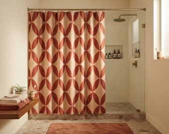 Mid Century Modern Shower Curtain, Retro Geometric Bath Decor, Terracotta & Beige Minimalist 70s Abstract Bathroom Curtain
