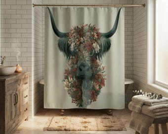 Highland Cow Shower Curtain, Sage Green Floral Bathroom Decor, Organic Minimalist Farmhouse Bath Curtain, Nature-Inspired Boho Spa Bathroom