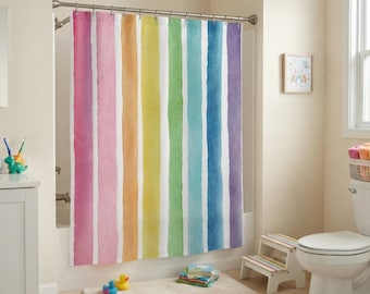 Watercolor Rainbow Shower Curtain, Colorful Striped Kids Bathroom Decor, Bright Modern Playroom Bath Accent