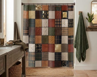 Patchwork Shower Curtain, Earthy Rustic Bathroom Decor, Farmhouse Cottagecore Bath Accessory, Cozy Boho Geometric Print, Modern Cabin Style