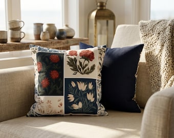 Moody Floral Block Print Pillow Cover, Navy & Terracotta Botanical Cushion Case, Vintage Floral Throw Pillow, Cottagecore Decor