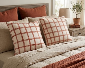 Terracotta Grid Pillow Cover, Rust Windowpane Throw Pillow, Warm Earth Tone Decor, Double Sided Cream Pillowcase, Modern Farmhouse Cushion