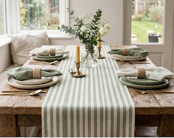 Earthy Minimalist Table Runner - Sage Green Vertical Stripe Long Tablecloth - Japandi Style Organic Modern Fabric Runner- Zen Dining Decor