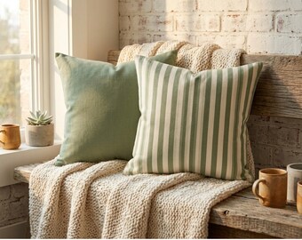 Sage Green Striped Pillow Cover, Neutral Cream Stripe Cushion Cover, Coastal Cottage Farmhouse Sofa Throw Pillow, Modern Japandi Decor