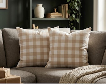Beige Gingham Pillow Cover, Neutral Buffalo Plaid Throw Pillow, Beige and Cream Check Cushion Cover, Modern Farmhouse Decor, Warm Neutral