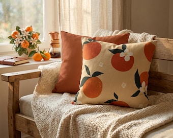 Citrus Throw Pillow Cover, Burnt Orange Accent Pillow, Terracotta Cushion Case, Double Sided Botanical Orange Fruit Decor, Cottagecore Gift