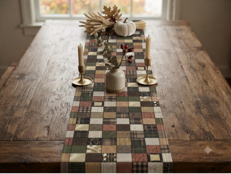 May include: A rectangular table runner featuring a patchwork design of various squares in shades of green, brown, cream, and muted red. The runner is decorated with two gold-toned candle holders with cream candles and a small white ceramic vase.