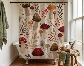 Mushroom Shower Curtain Cottagecore | Whimsigoth Vintage Botanical Bathroom Decor | Earthy Wild Fungi Forest Nature Fabric Bath Curtain