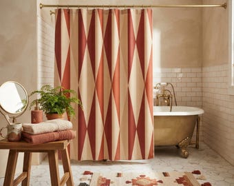 Retro Geometric Shower Curtain, Mid Century Modern Terracotta & Cream Diamond Pattern, Vintage Style Boho Bath Decor, Waterproof Fabric
