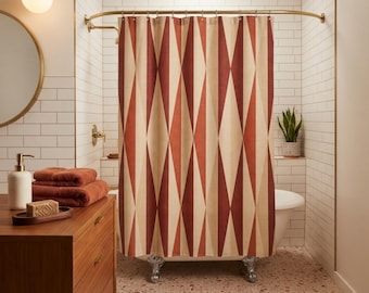 Retro Geometric Shower Curtain, Mid Century Modern Terracotta & Cream Diamond Pattern, Vintage Style Boho Bath Decor, Waterproof Fabric