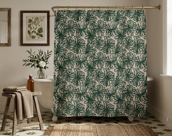 Midcentry Organic Modern Forest Green Floral Shower Curtain, Grandmillennial Botanical Cottagecore Bathroom Decor