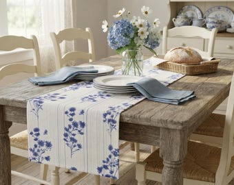 Blue Floral Table Runner, French Country Toile de Jouy Dining Decor, Botanical Wildflower Kitchen Centerpiece, Vintage Cottagecore Linen
