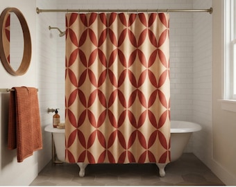 Mid Century Modern Shower Curtain, Retro Geometric Bath Decor, Terracotta & Beige Minimalist 70s Abstract Bathroom Curtain