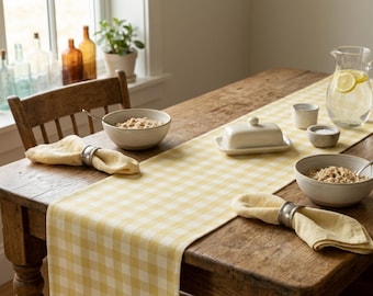 Yellow Gingham Table Runner, Buffalo Check Modern Farmhouse Dining Decor, Country Cottage Kitchen Centerpiece, Rustic Table Linen