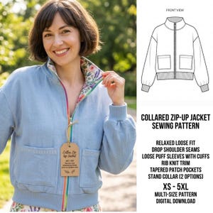 May include: A light blue zip-up jacket with a stand collar, drop shoulder seams, loose puff sleeves with ribbed cuffs, and two tapered patch pockets. The interior lining features a floral pattern, and the zipper tape is multicoloured.