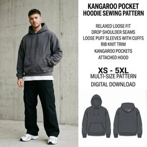 Puede incluir: Una sudadera con capucha gris carbón con bolsillo tipo canguro, capucha integrada, costuras de hombros caídos y ribetes de punto acanalado. El texto dice: KANGAROO POCKET HOODIE SEWING PATTERN, RELAXED LOOSE FIT, DROP SHOULDER SEAMS, XS-5XL.