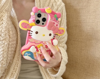 Etui na telefon 3D Hello Kitty z chińskim bogiem bogactwa – miękki silikon, z wycięciem na cały aparat do iPhone'a Pro