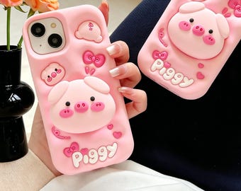 Cute 3D Pink Piggy Phone Case with Stand for iPhone Shockproof Silicone Cover