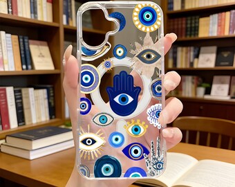 Niebieskie etui na telefon z symbolem złego oka i przezroczystą osłoną ochronną z dłonią Hamsa