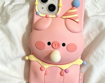Etui na telefon Kawaii Pink Pig z dmuchanymi bańkami, silikonowe