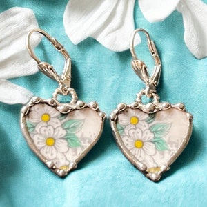 Earrings, Broken China Jewelry, Broken China Earrings, China Hearts, Aqua White Flower China, Soldered Jewelry, Silver Lever Back Earrings