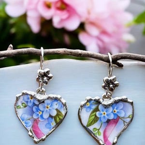 Broken China Jewelry, Broken China Earrings, Heart, Blue Forget Me Not China, Dangle Earrings, Soldered Jewelry, Handmade Silver Ear Wires