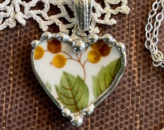 Necklace, Broken China Jewelry, China Heart, Heart Jewelry, Autumn Leaves, Fall Jewelry, Autumn Jewelry, Sterling Silver, Soldered Jewelry