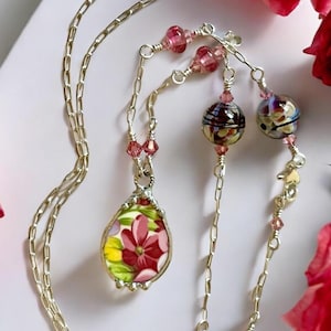 Necklace, Broken China Jewelry, Broken China Necklace, Teardrop Pendant, Pink Floral Chintz China, Sterling Silver Chain, Soldered Jewelry