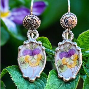 Broken China Jewelry, Broken China Earrings, Oval Pansy Earrings, Purple Pansy China, Silver Ear Wires, Soldered Jewelry, Fine Silver Flower