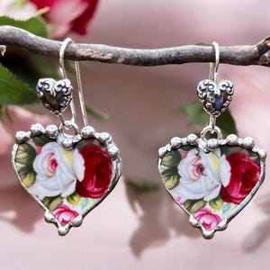 Broken China Jewelry, Broken China Earrings, Heart, Pink and White Rose China, Dangle Earrings, Soldered Jewelry, Handmade Silver Ear Wires