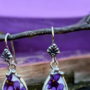 Broken China Jewelry, Broken China Earrings, Teardrop, Purple Violet China, Purple  China Earrings, Silver Ear Wires, Soldered Jewelry