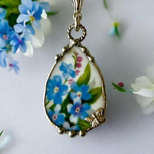 Necklace, Broken China Jewelry, Broken China Necklace, Teardrop Pendant, Forget Me Not, China, Sterling Silver Findings, Soldered Jewelry