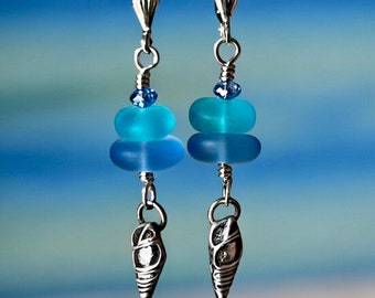 Sea glass Bead Earrings, Sterling Silver shell Earrings, Beach Earrings, Beach Jewelry, Summer Jewelry, Tropical Jewelry, Tropical Earrings