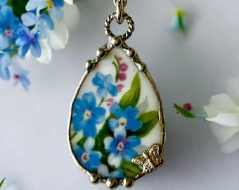 Necklace, Broken China Jewelry, Broken China Necklace, Teardrop Pendant, Forget Me Not, China, Sterling Silver Findings, Soldered Jewelry