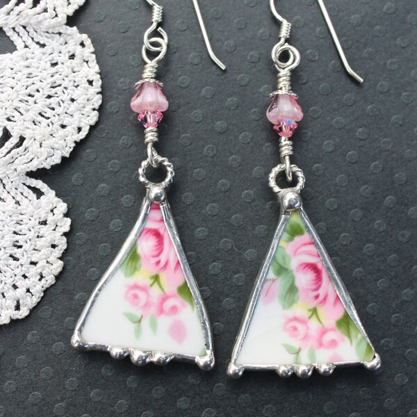 Ohrringe, gebrochen China Schmuck, gebrochen China Dreieck Ohrringe Rosa Rosen China, Sterling Silber