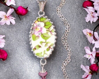 Necklace, Broken China Jewelry, Broken China Necklace, Pink Floral China, Sterling Silver Findings, Soldered Jewelry, Pink Lampwork Bead