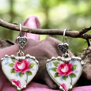 Broken China Jewelry, Broken China Earrings, Heart, Pink Rose China, Dangle Earring, Soldered Jewelry, Handmade Silver Heart Ear Wires