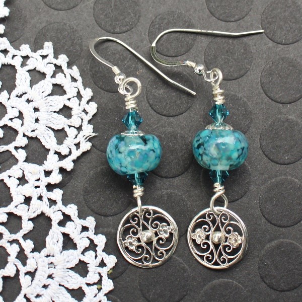 Lampwork Bead Earrings, Lampwork Bead Jewelry, Handmade Aqua Turquoise Beads, Sterling Silver, Wire Wrapped