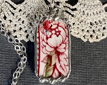 Necklace, Broken China Jewelry, Broken China Necklace, Rectangle Pendant, Red and Green Transferware, Sterling Silver, Soldered Jewelry