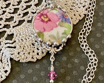 Necklace, Broken China Jewelry, Broken China Necklace, Round Pendant, Pink Floral Chintz, Sterling Silver, Soldered Jewelry, Recycled