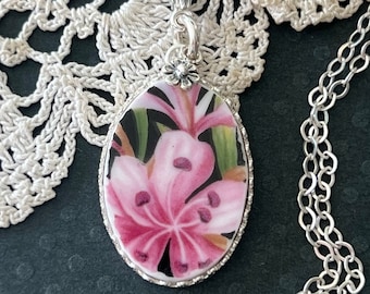 Necklace, Broken China Jewelry, Broken China Necklace, Oval Pendant, Pink and Black, Fireweed China, Sterling Silver Bezel, Flower Charm