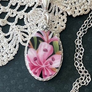 Necklace, Broken China Jewelry, Broken China Necklace, Oval Pendant, Pink and Black, Fireweed China, Sterling Silver Bezel, Flower Charm