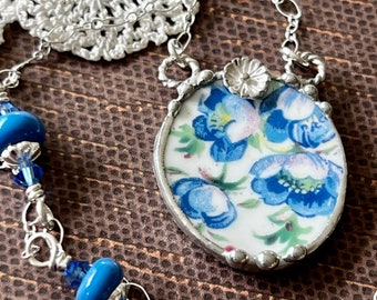 Necklace, Broken China Jewelry, Broken China Necklace, Oval Pendant, Blue China Floral China, Lampwork, Sterling Silver, Soldered Jewelry