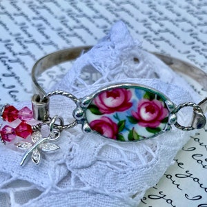 Bangle Bracelet, Broken China Jewelry, Broken China Bracelet, Charm Bracelet, Wire Bangle, Pink Rose China, Sterling Silver,